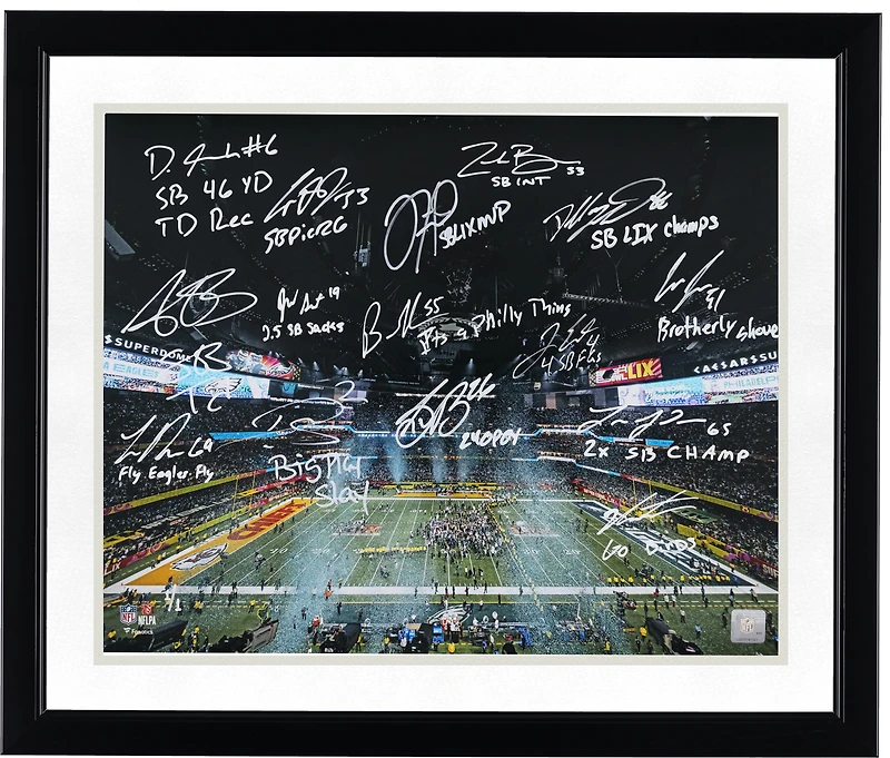 Philadelphia Eagles Autographed 16" x 20" Super Bowl LIX Photograph with 15 Signatures & Multiple Inscriptions - Signed in White Ink - Limited Edition #1/1