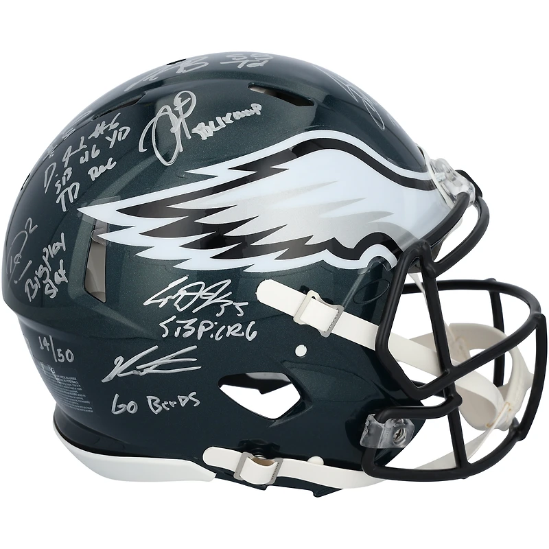 Casque Riddell authentique dédicacé par les Philadelphia Eagles pour le Super Bowl LIX Champions Speed ​​avec 15 signatures et inscriptions multiples - Édition limitée à 50 exemplaires