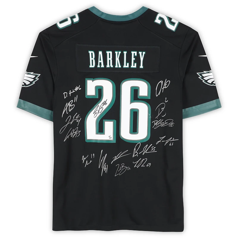 Maillot Nike noir dédicacé par Saquon Barkley des Philadelphia Eagles lors du Super Bowl LIX, avec 15 signatures - Édition limitée à 10 exemplaires