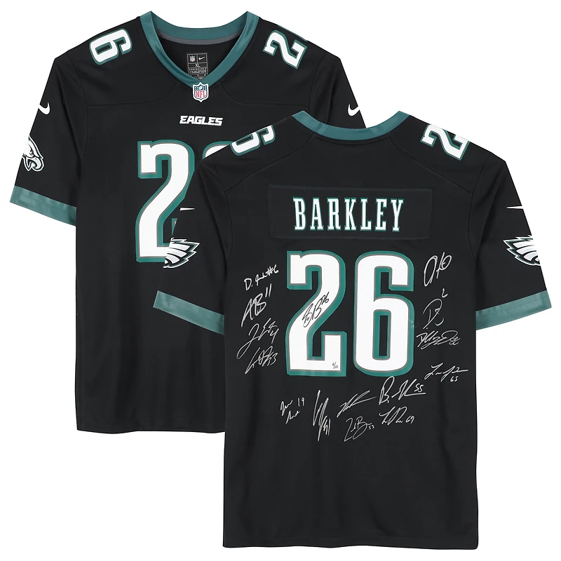 Maillot Nike noir dédicacé par Saquon Barkley des Philadelphia Eagles lors du Super Bowl LIX, avec 15 signatures - Édition limitée à 10 exemplaires