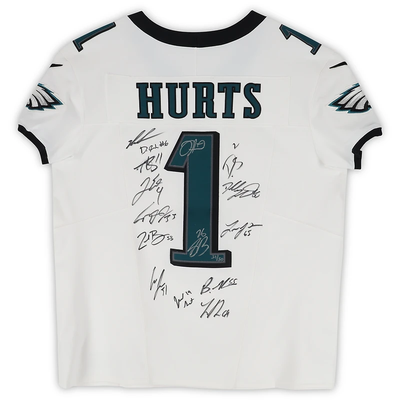 Philadelphia Eagles Super Bowl LIX Champions Autographed White Nike Jalen Hurts Vapor F.U.S.E. Elite Jersey with 15 Signatures - Limited Edition of 50