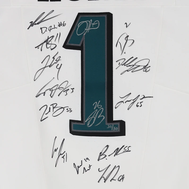 Philadelphia Eagles Super Bowl LIX Champions Autographed White Nike Jalen Hurts Vapor F.U.S.E. Elite Jersey with 15 Signatures - Limited Edition of 50