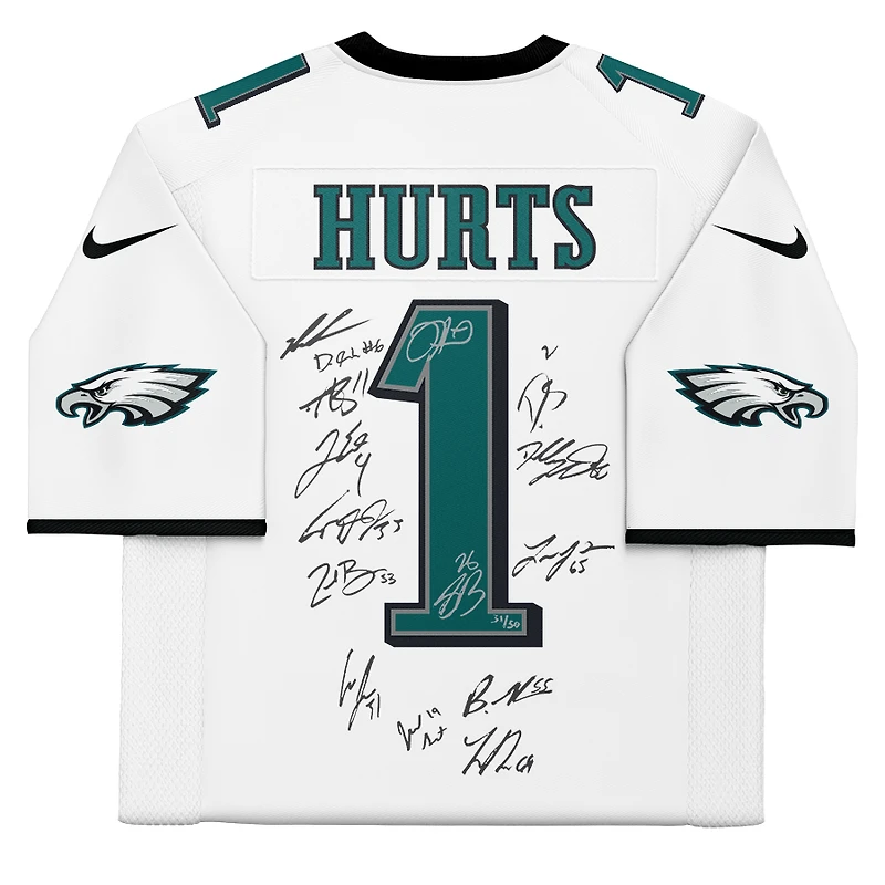Philadelphia Eagles Super Bowl LIX Champions Autographed White Nike Jalen Hurts Vapor F.U.S.E. Elite Jersey with 15 Signatures - Limited Edition of 50