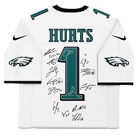 Philadelphia Eagles Super Bowl LIX Champions Autographed White Nike Jalen Hurts Vapor F.U.S.E. Elite Jersey with 15 Signatures - Limited Edition of 50