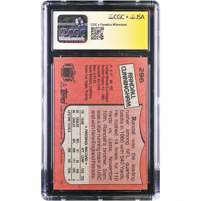 Carte de recrue autographiée de Randall Cunningham (Eagles de Philadelphie), Topps 1987 n° 296, certifiée CGC Fanatics Witnessed Auto 10