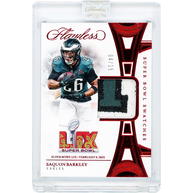 Carte Saquon Barkley Philadelphia Eagles 2025 Panini Flawless Ruby Super Bowl Swatches Tri-Color Relic #SBS-SBY #4/15