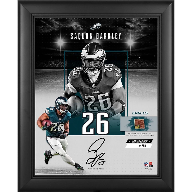 Collage encadré de Saquon Barkley Philadelphia Eagles, reproduction de signature, 11" x 14", avec un morceau de ballon de football utilisé en match - Édition limitée à 250 exemplaires