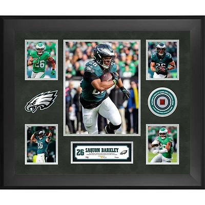 Collage encadré de 5 photos de Saquon Barkley (Philadelphia Eagles) 20" x 24" avec un morceau de ballon de football utilisé lors d'un match - Édition limitée à 500 exemplaires