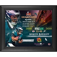 Collage encadré Saquon Barkley Philadelphia Eagles Super Bowl LIX Champions 13" x 16" avec un morceau de ballon de football utilisé lors du match - Édition limitée à 500 exemplaires