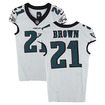 Maillot blanc n° 21 porté par Sydney Brown, des Eagles de Philadelphie, lors du match contre les Rams de Los Angeles le 21 septembre 2025.
