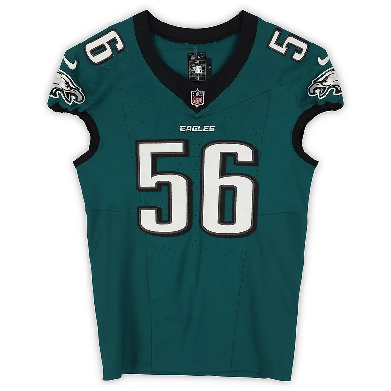 Maillot vert nuit n° 56 porté par Tyler Steen des Eagles de Philadelphie lors du match contre les Buccaneers de Tampa Bay le 28 septembre 2025