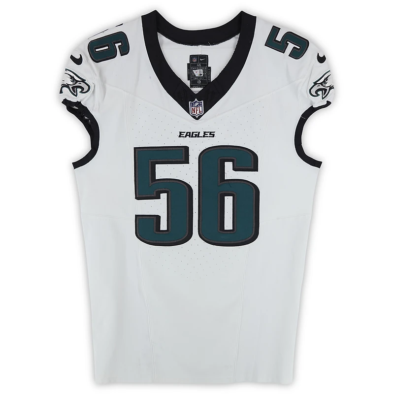 Maillot blanc Nike n° 56 porté par Tyler Steen des Eagles de Philadelphie lors de plusieurs matchs de la pré-saison NFL 2024.