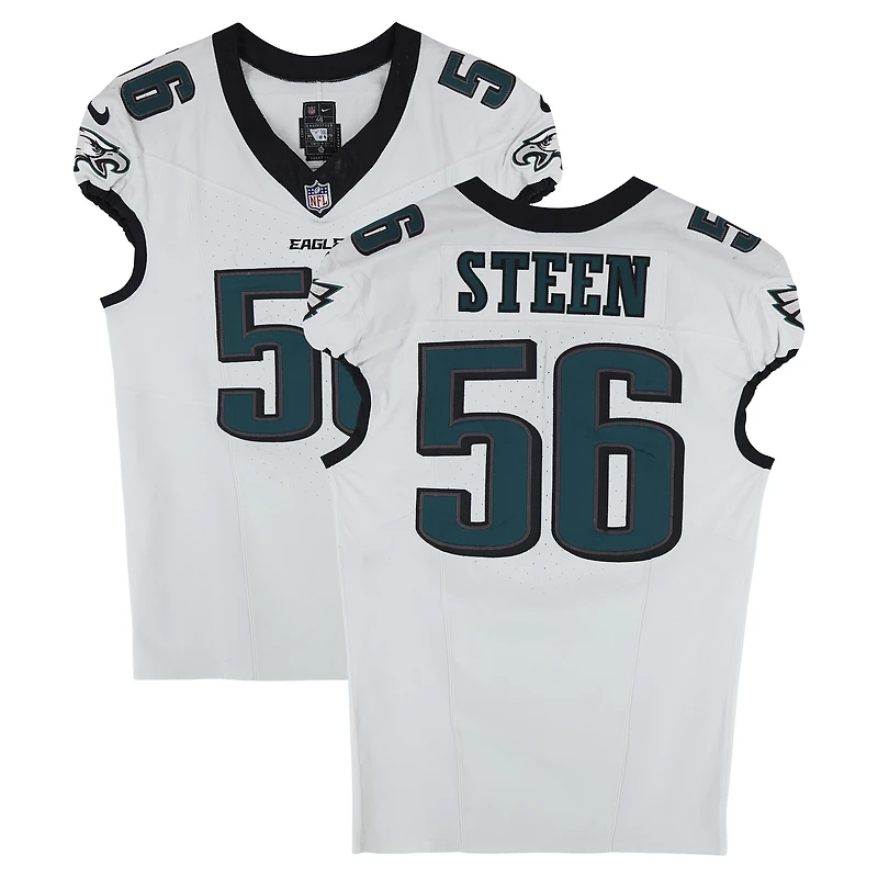 Maillot blanc Nike n° 56 porté par Tyler Steen des Eagles de Philadelphie lors de plusieurs matchs de la saison NFL 2024
