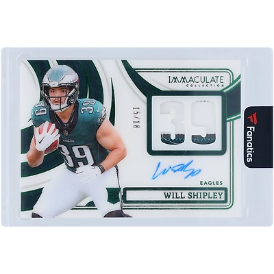 Carte de recrue autographiée de Will Shipley (Philadelphia Eagles), collection Panini Immaculate 2024, numéro 15/18, avec patch et relique bicolore, numéro NRPA-WSY.