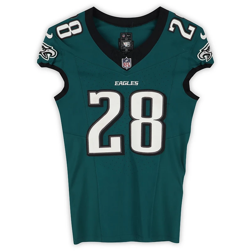 Maillot vert nuit n° 28 porté par Will Shipley (Philadelphia Eagles) lors du match contre les Buccaneers de Tampa Bay le 28 septembre 2025