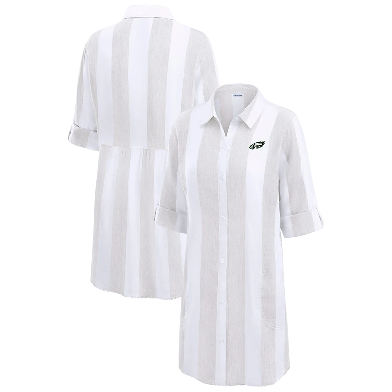 Women's Tommy Bahama Khaki/White Philadelphia Eagles Rugby Beach Stripe Button-Up Tunic