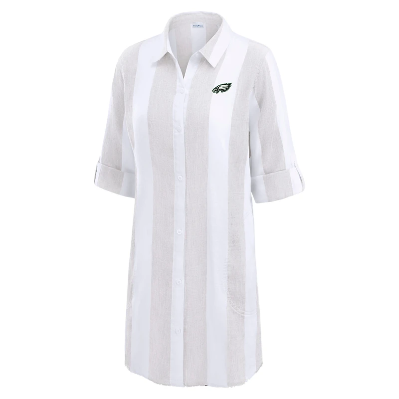 Women's Tommy Bahama Khaki/White Philadelphia Eagles Rugby Beach Stripe Button-Up Tunic