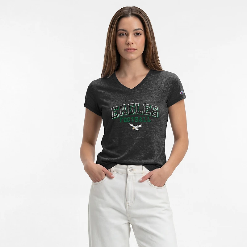 T-shirt à col en V noir Champion Philadelphia Eagles Triumph Tri-Blend pour femme