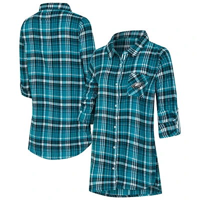 Women's Concepts Sport Green Philadelphia Eagles Laney Plaid Tri-Blend Full-Button Nightshirt
