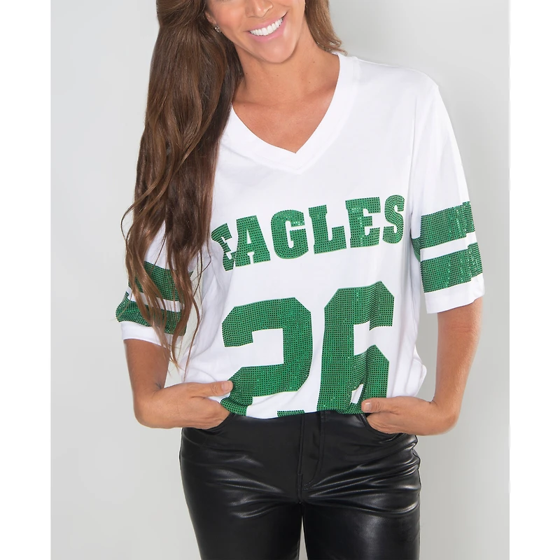 Tunique à col en V ornée de cristaux Cuce Saquon Barkley White Philadelphia Eagles pour femme