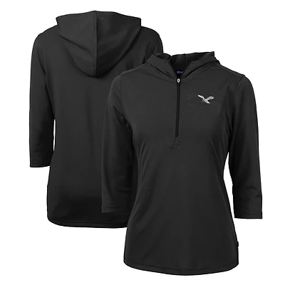 Women's Cutter & Buck Black Philadelphia Eagles Gridiron Classics Logo DryTec Virtue Eco Pique Recycled 3/4-Sleeve Half-Zip Pullover Hoodie