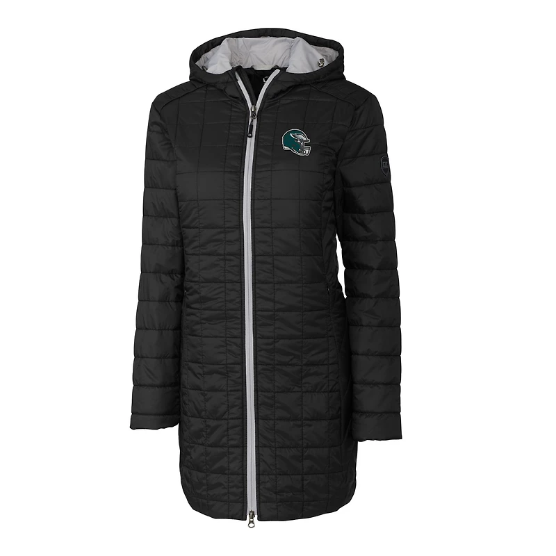 Manteau long à capuche isolant Rainier Primaloft Eco pour femme, noir, avec logo du casque des Philadelphia Eagles, Cutter & Buck