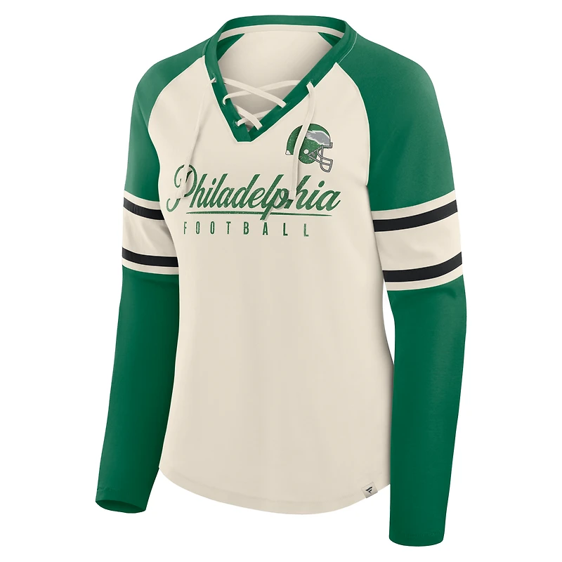 T-shirt à manches longues et col en V lacets raglan pour femme Fanatics Cream/Kelly Green Philadelphia Eagles Gridiron Hero