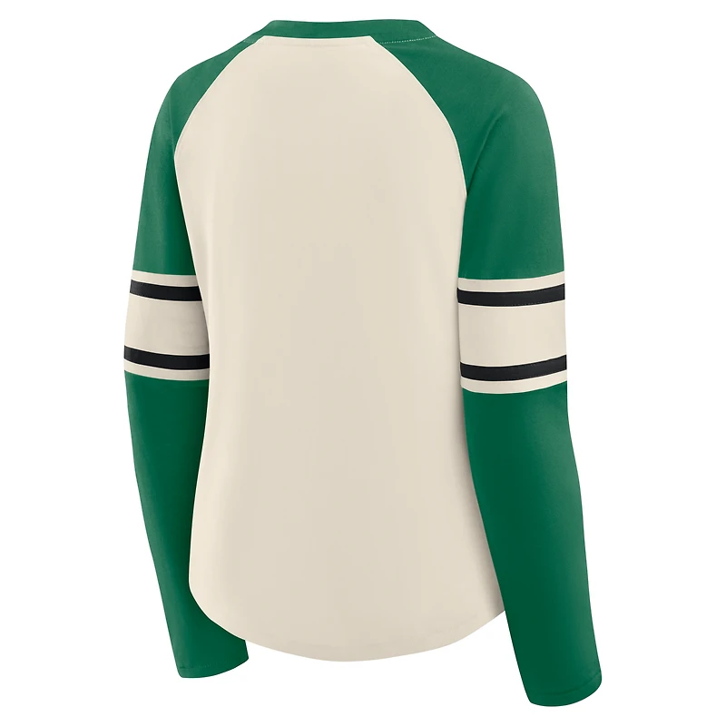 Women's Fanatics Cream/Kelly Green Philadelphia Eagles Gridiron Hero Raglan Lace-Up V-Neck Long Sleeve T-Shirt