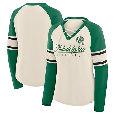 T-shirt à manches longues et col en V lacets raglan pour femme Fanatics Cream/Kelly Green Philadelphia Eagles Gridiron Hero