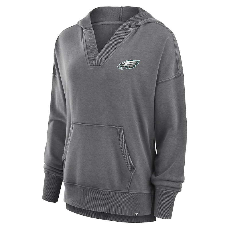 Women's Fanatics  Heather Charcoal Philadelphia Eagles Initiative Snow Wash French Terry V-Neck Pullover Hoodie