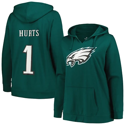 Sweat à capuche col en V Fanatics Jalen Hurts vert nuit Philadelphia Eagles pour femmes, grandes tailles, avec nom et numéro du joueur