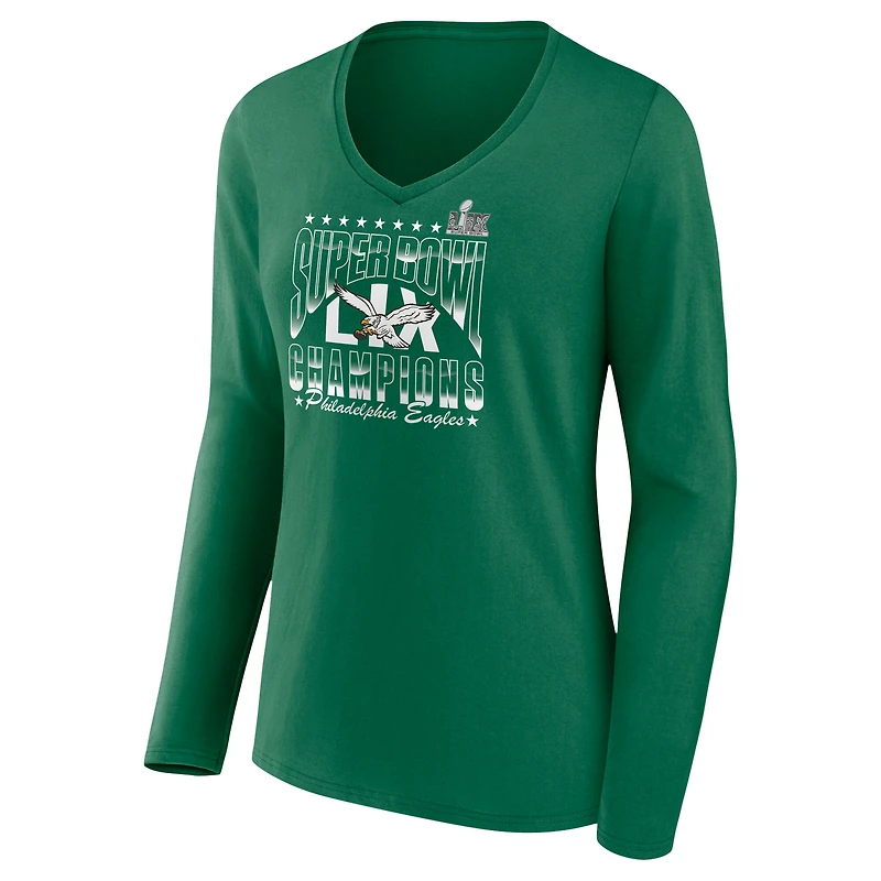 T-shirt à manches longues et col en V avec logo rétro des Philadelphia Eagles du Super Bowl LIX pour femmes Fanatics Kelly Green