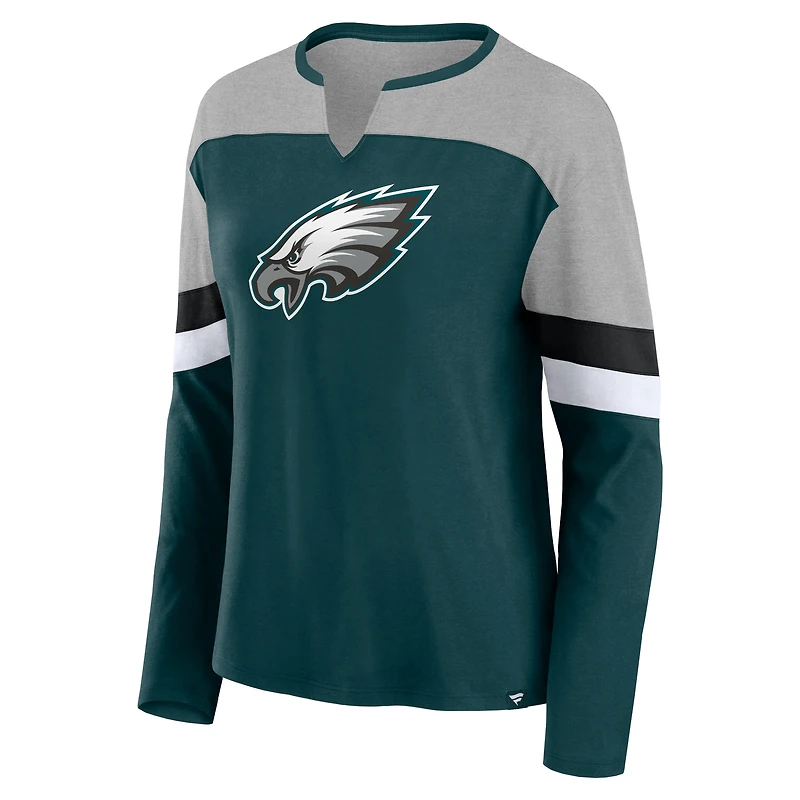T-shirt à manches longues et col en V Fanatics pour femmes vert nuit/gris chiné des Philadelphia Eagles Chevron