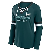 Women's Fanatics Midnight Green Philadelphia Eagles Won and Done Lace-Up Raglan T-Shirt