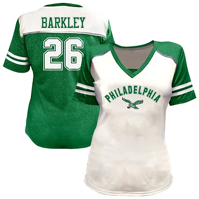 T-shirt à col en V orné de strass Saquon Barkley blanc des Eagles Philadelphie, grande taille, pour femmes (Fanatics)