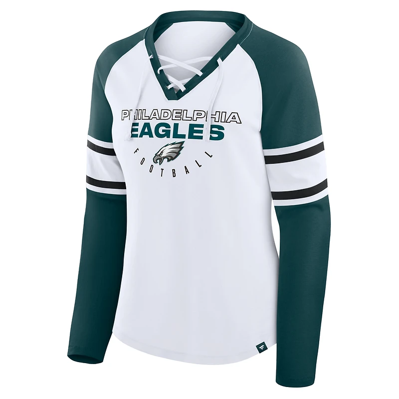 Women's Fanatics White/Green Philadelphia Eagles Redzone Blitz Package Raglan Lace-Up V-Neck Long Sleeve T-Shirt
