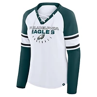 Women's Fanatics White/Green Philadelphia Eagles Redzone Blitz Package Raglan Lace-Up V-Neck Long Sleeve T-Shirt