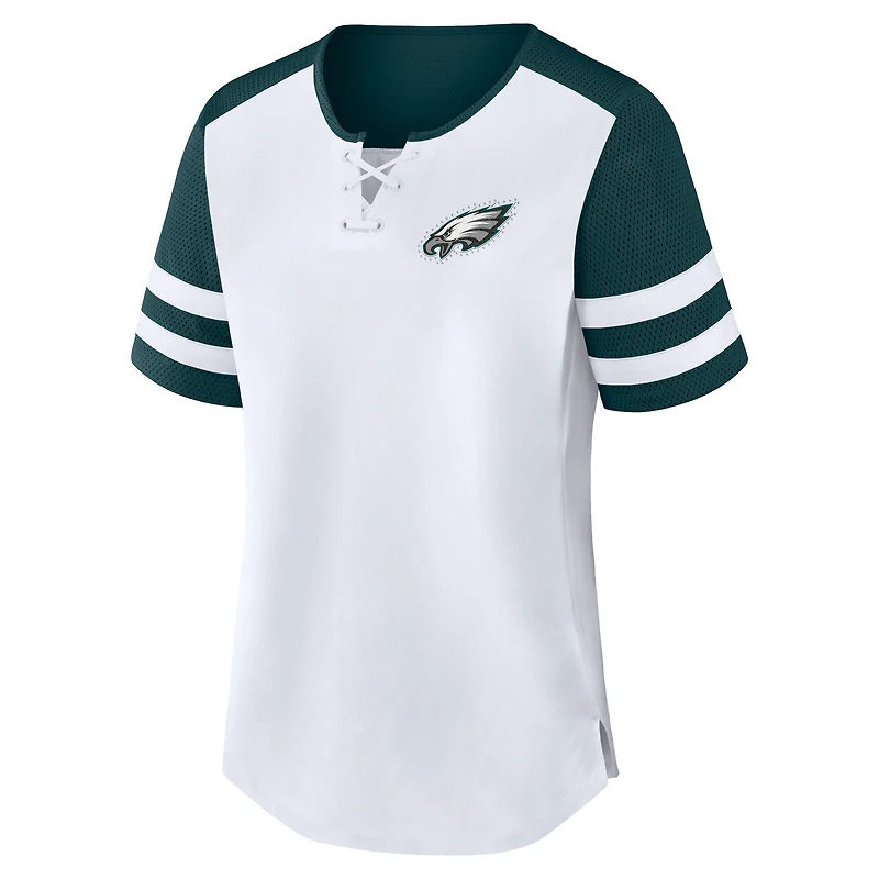 T-shirt à lacets Fanatics blanc/vert nuit Philadelphia Eagles Touchdown Pass Athena pour femme