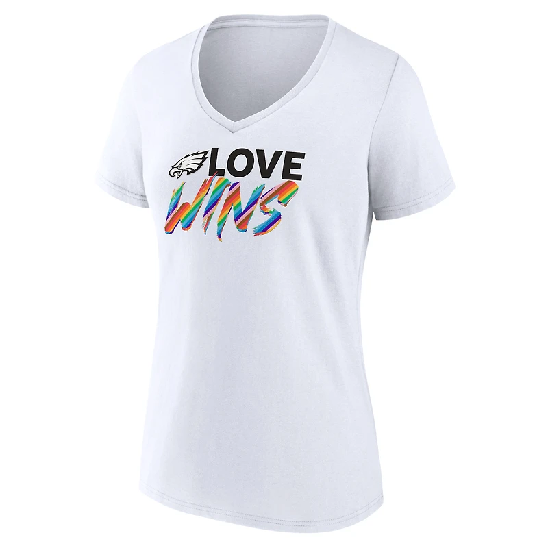 T-shirt blanc à col en V Fanatics pour femmes des Eagles de Philadelphie Love Wins