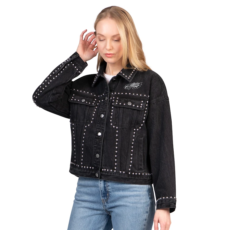 Veste en jean à boutons complets G-III 4Her par Carl Banks pour femme, noire, motif Philadelphia Eagles Pit Stop Crew II