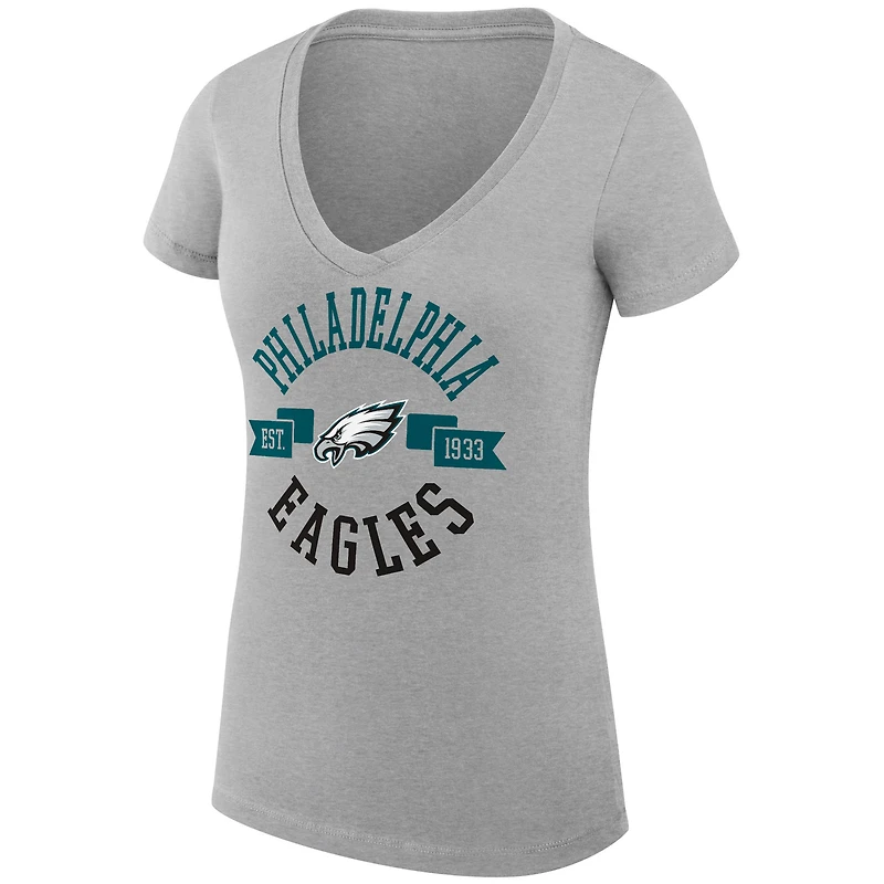 T-shirt léger à col en V et coupe ultra-ajustée G-III 4Her par Carl Banks pour femme, gris chiné, motif graphique urbain des Eagles de Philadelphie