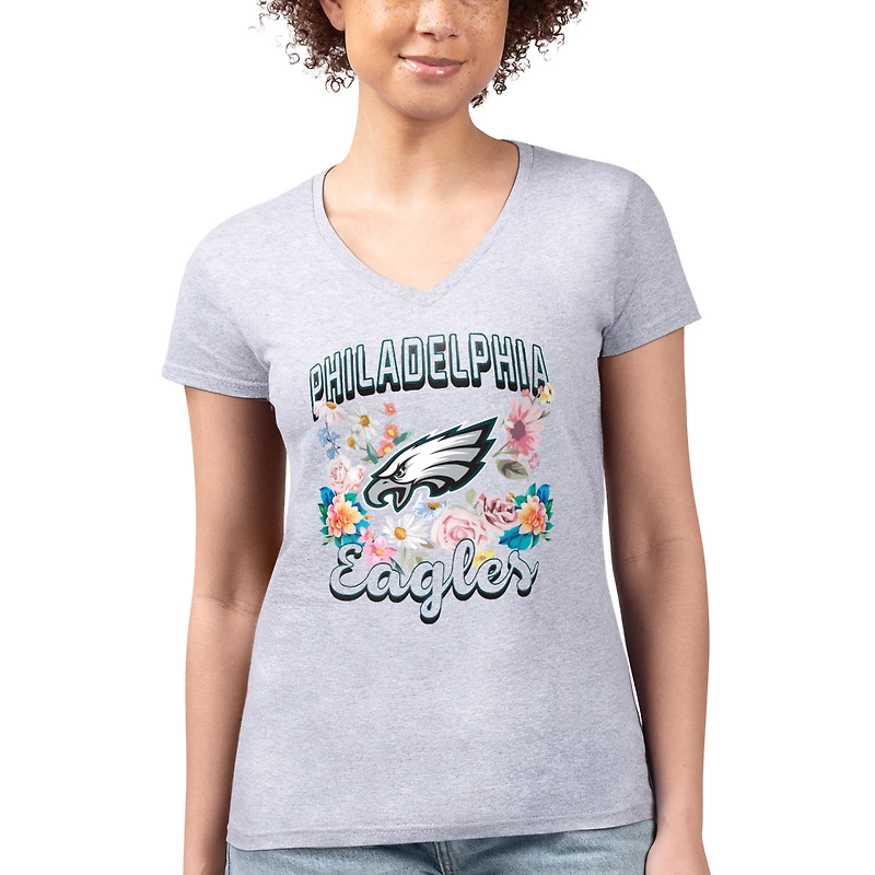 T-shirt à col en V ultra-mince et léger G-III 4Her par Carl Banks pour femme, gris chiné, motif floral, logo de l'équipe des Eagles Philadelphie