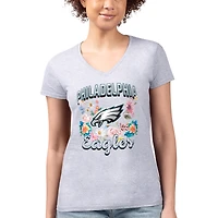 T-shirt à col en V ultra-mince et léger G-III 4Her par Carl Banks pour femme, gris chiné, motif floral, logo de l'équipe des Eagles Philadelphie