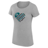 T-shirt léger à col en V et coupe ultra-ajustée G-III 4Her par Carl Banks pour femme, gris chiné, motif cœur, Eagles de Philadelphie