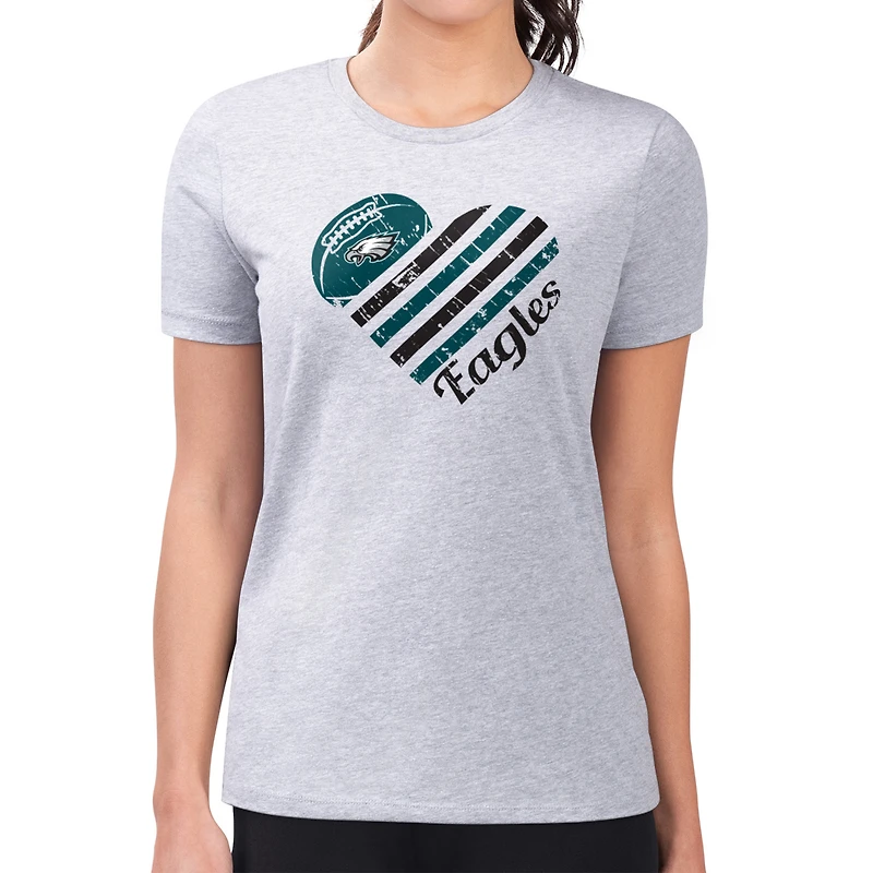 T-shirt léger à col en V et coupe ultra-ajustée G-III 4Her par Carl Banks pour femme, gris chiné, motif cœur, Eagles de Philadelphie