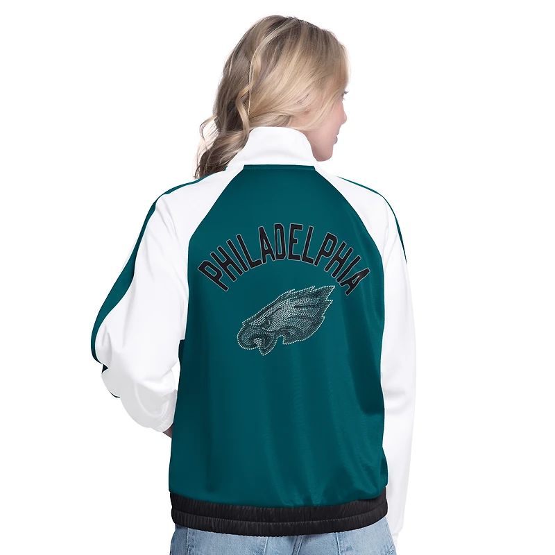 Women's G-III 4Her by Carl Banks White/Midnight Green Philadelphia Eagles Rally Rhinestone Full-Zip Track Jacket