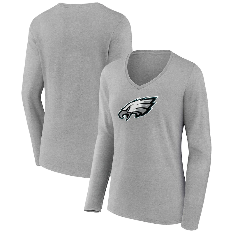 T-shirt gris à manches longues et col en V pour femme avec logo principal des Philadelphia Eagles