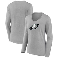T-shirt gris à manches longues et col en V pour femme avec logo principal des Philadelphia Eagles