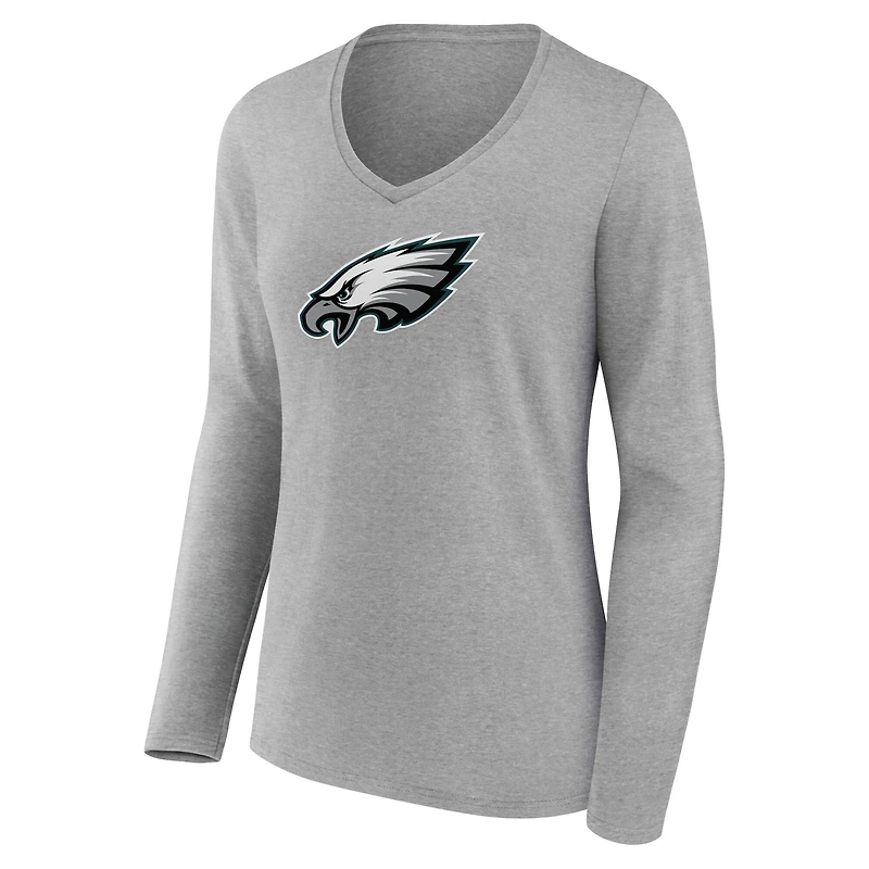 T-shirt gris à manches longues et col en V pour femme avec logo principal des Philadelphia Eagles