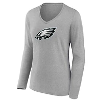 T-shirt gris à manches longues et col en V pour femme avec logo principal des Philadelphia Eagles
